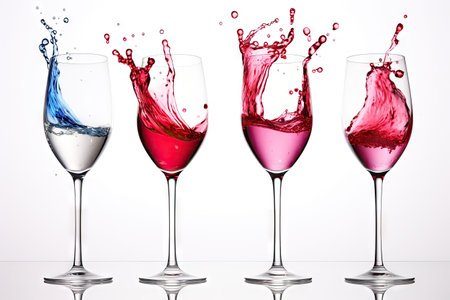 Various wine glasses and a champagne glass splashing and dancing on a white backdropの素材