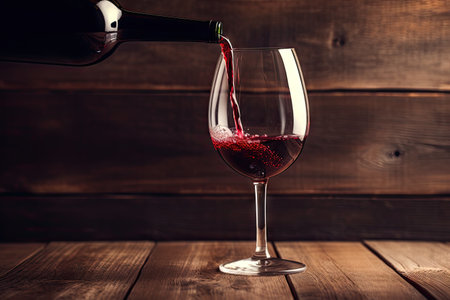 Red wine poured into glass on wooden backgroundの素材