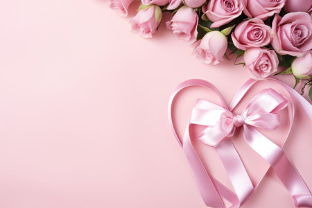 Ribbon heart with gift boxes and roses on pink background Valentine s Mother s birthday concept Romaの素材