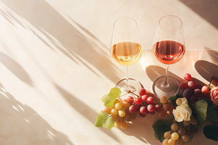 Red rose and white wine glasses with a sunny shadow Wine tasting concept Flat lay top view copy spacの素材