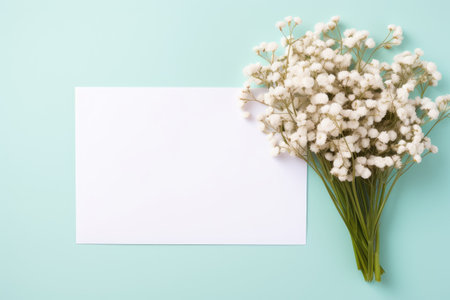 White paper list and gypsophila flowers on colored table top view with blank greeting cards and enveの素材