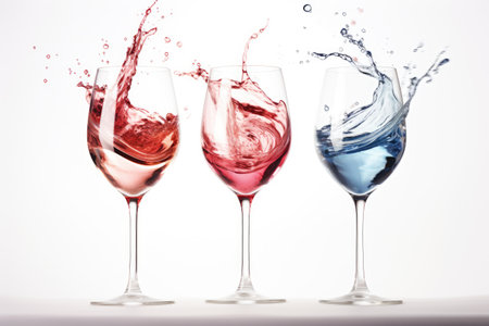 Various wine glasses and a champagne glass splashing and dancing on a white backdropの素材