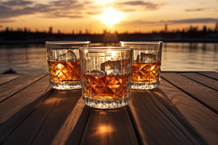 Three whiskey glasses on the table catch sunlight s reflectionの素材