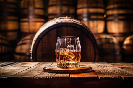 Traditional alcohol distillery concept with a whiskey glass in an old oak barrel and copper alambicの素材