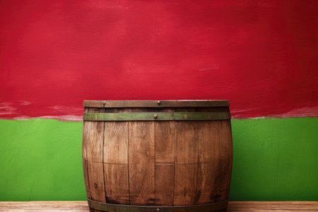 Stunning wooden barrel on a red wood table with a verdant wallの素材
