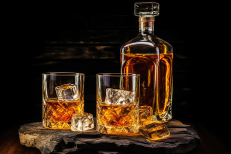 Two tumblers of whiskey with ice and one bottleの素材