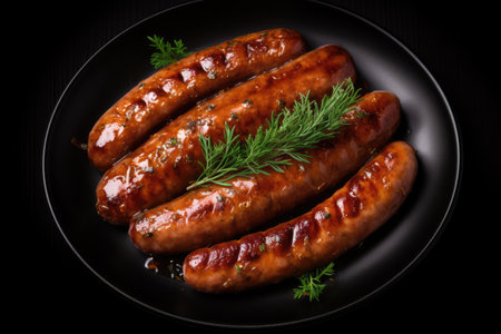 Top view of Bockwurst sausages on a black plateの素材