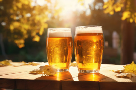 Table with glasses of beer Sunlightの素材