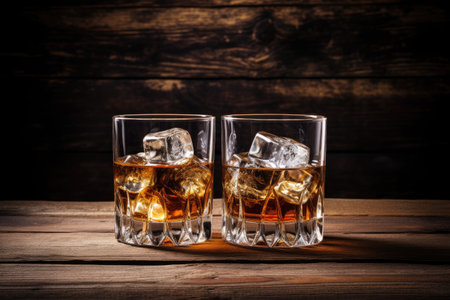Two whiskey glasses on wood with iceの素材