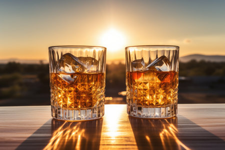 Three whiskey glasses on the table catch sunlight s reflectionの素材