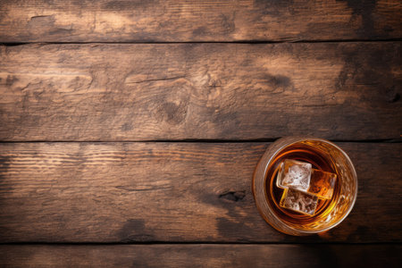 Top view of a scotch whiskey setup with a bottle glass and wood barrel featuring copy spaceの素材