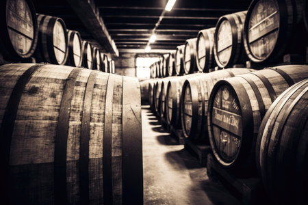 Vintage styled monochrome whisky barrels stackedの素材