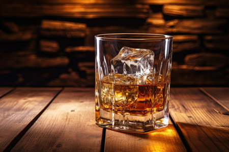 Whiskey on wooden table with glass