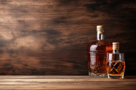 Top view of a wooden barrel glass and scotch whiskey bottle with copy spaceの素材