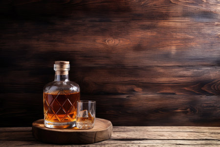 Top view flat lay of a Scotch whiskey set including bottle glass and wooden barrel with copy spaceの素材