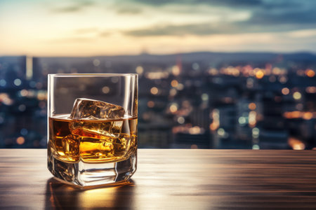 Whiskey on wooden table with city viewの素材