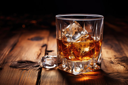Whiskey on table with iceの素材