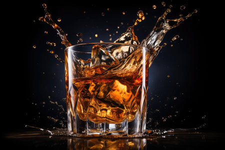Whiskey splashes in a glass in a close up shotの素材