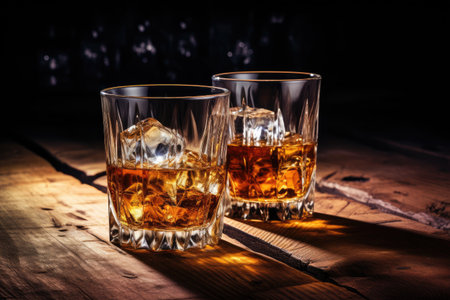 Two iced whiskey glasses on wooden planks Vintage counter with spotlight and glass of alcoholの素材