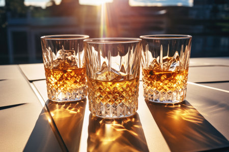 Three whiskey glasses on the table catch sunlight s reflectionの素材