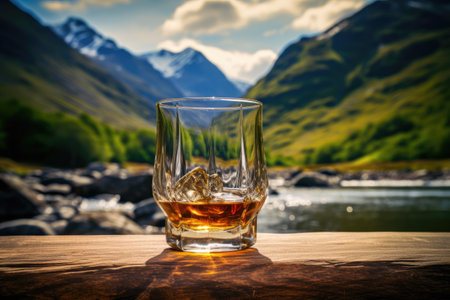 Whisky glass with a rushing Scottish river in the backgroundの素材