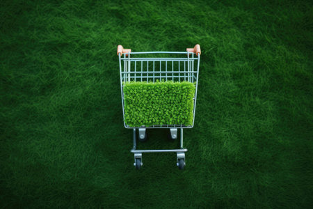 Top view of a shopping cart on green grass with a mossy background minimalism and creative design foの素材