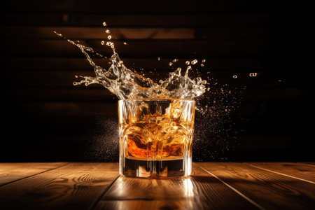 Whiskey poured in glass on wooden tableの素材