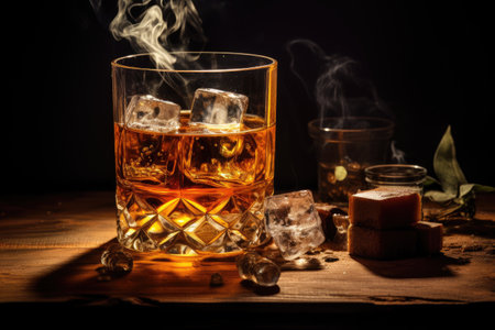 Whiskey glass with cigar and ice cubes on wooden tableの素材