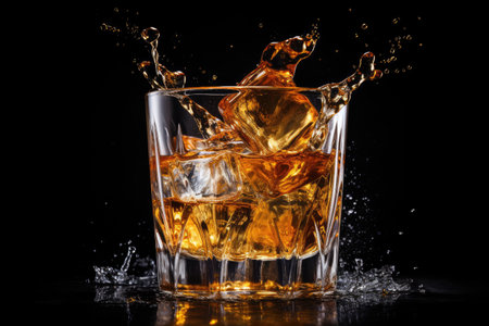 Whiskey shot with splash isolated against blackの素材
