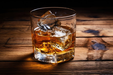 Whiskey on ice atop a wooden tableの素材