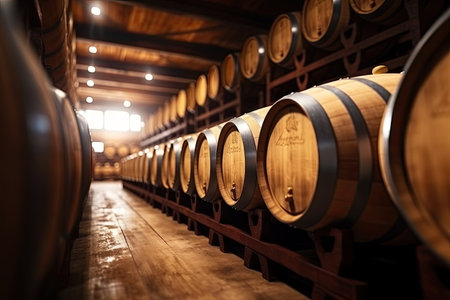 Wine and cognac barrels in winery cellar wooden wine barrels in perspective vintage oak barrels forの素材