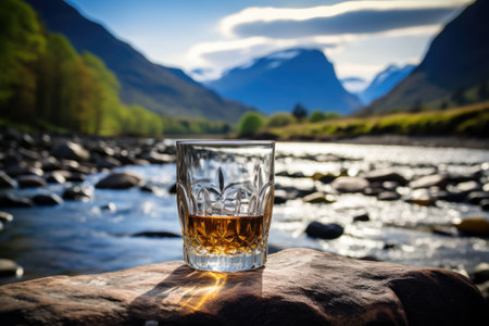 Whisky glass with a rushing Scottish river in the backgroundの素材