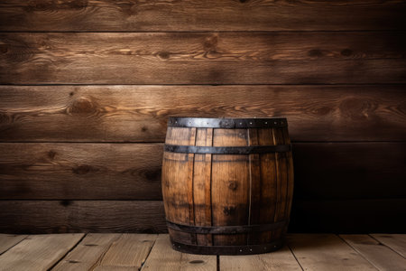 Wooden barrel for aging wine or whiskey in front of a copy space wooden wallの素材