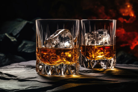 Whiskey glasses on a stone tableの素材