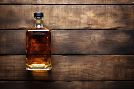 Whiskey bottle with wooden backdropの素材