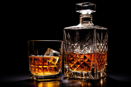 Whiskey glass with ice and square decanter isolated on blackの素材