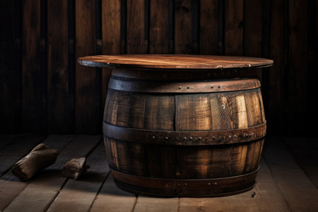 Worn wooden table and barrel backgroundの素材