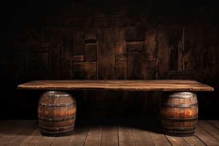 Wooden table and barrel background appearing old and worn outの素材
