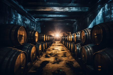 Whiskey filled wooden barrels in a dim cellarの素材
