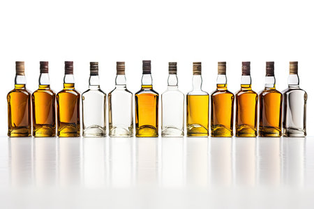 White bar with unlabeled golden whisky bottles isolated on white with reflectionの素材