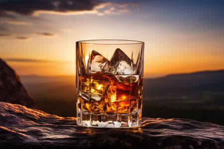 Whiskey on the rocks photographed against sunset on stoneの素材