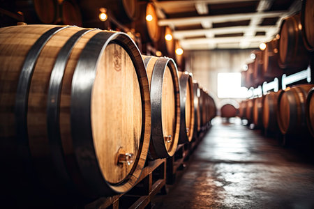 Wooden barrels in a winery cellar perspective of wine vaults vintage oak barrels for craft beer or bの素材