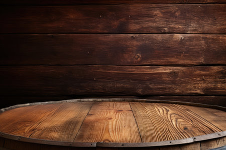 weathered wooden table and barrel backdropの素材