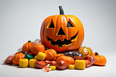 Assorted candies scattered near a Halloween pumpkin on a white backgroundの素材
