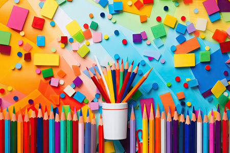 Abstractly colored background texture with school suppliesの素材