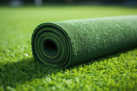 Artificial grass soccer field with workers paving the counterfeit turf on a green lawn backgroundの素材
