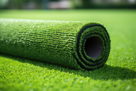 Artificial grass soccer field with workers paving the counterfeit turf on a green lawn backgroundの素材