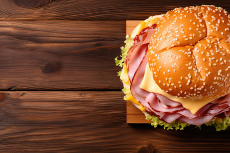 American grilled cheese sandwich on wooden background with copy space in top viewの素材