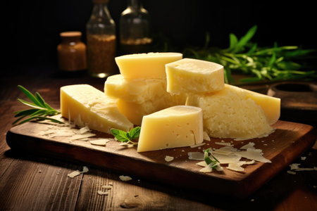 Artful Italian Parmesan cheese on rustic boardの素材