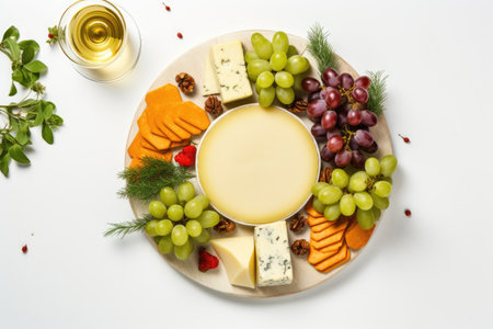 Christmas party with assorted cheese and fruits on a white background Top view Party appetizerの素材